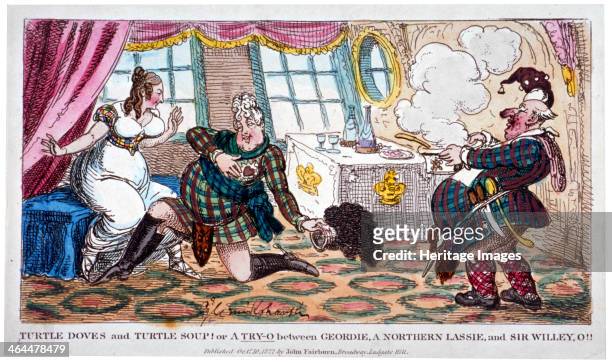 'Turtle doves and turtle soup!!', 1822. A scene on board the Royal Yacht. George IV is wearing Highland dress and kneeling at the feet of Lady...