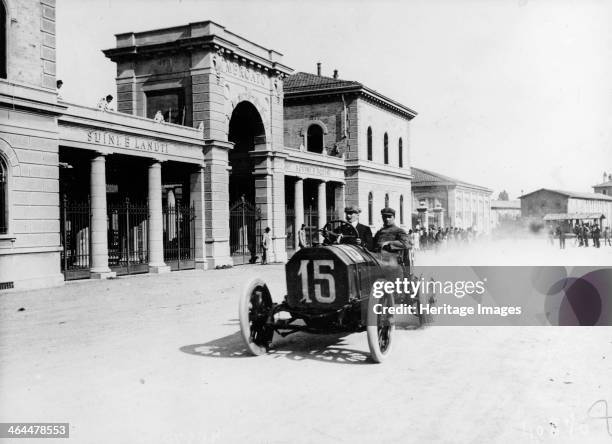 Louis Wagner driving a Fiat, Coppa Fiorio motor race, Bologna, Italy, 1908. Wagner failed to finish the race, for Grand Prix-type cars, due to his...