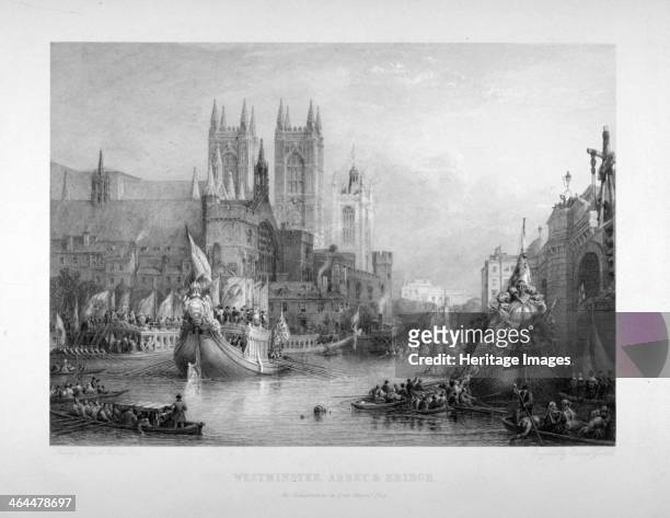 Debarkation at Westminster Bridge on Lord Mayor's Day, London, c1836. Showing the Lord Mayor's Procession at Westminster Hall, with boats in the...
