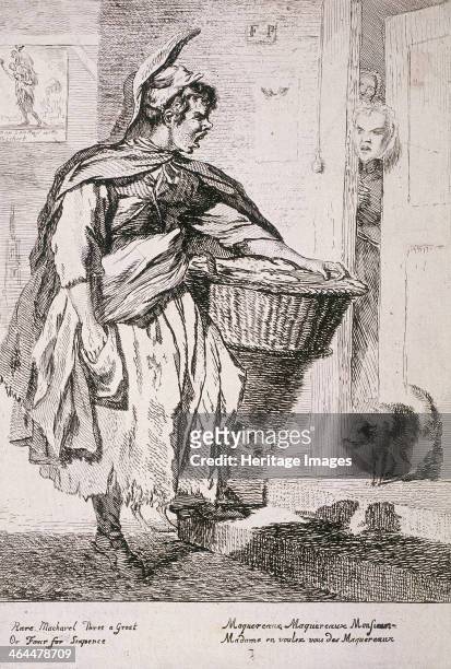 Mackerel seller, 1760. A mackerel seller with a large basket, crying her wares, or possibly shouting at the person in the doorway. Her dog barks at a...