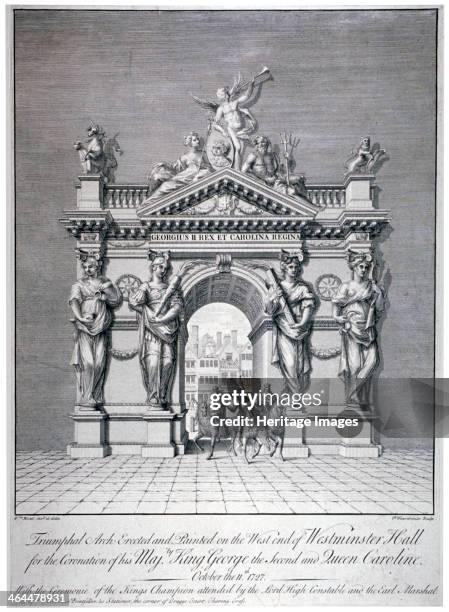 Triumphal arch on the west end of Westminster Hall, London, 1727. The arch was erected for the coronation of George II and Queen Caroline, on 11th...