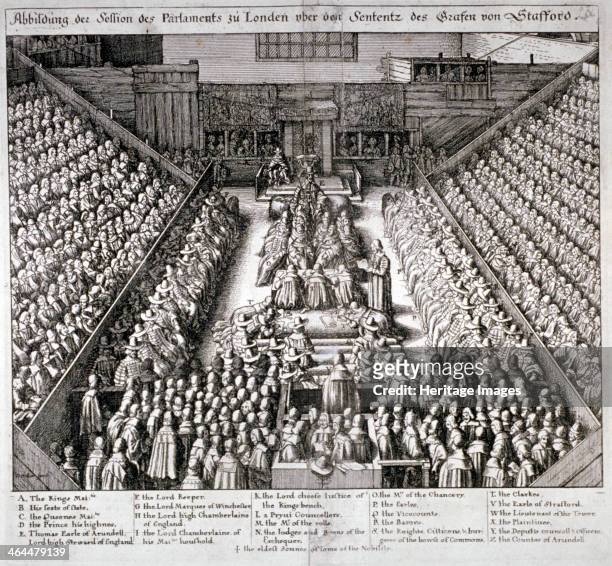 The Trial of Thomas Wentworth, Earl of Strafford, Westminster Hall, London, 1641. Having been impeached by Parliament, Strafford was found guilty of...