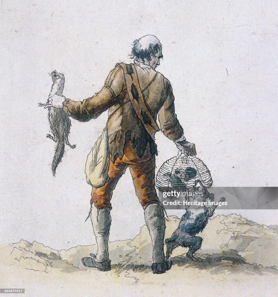 View of a rat catcher holding a cage of rats which is being