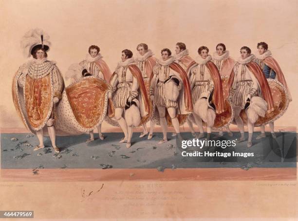 George IV in coronation robes, 1821. The king is attended by 8 eldest sons of Peers who hold his train. They wear Elizabethan dress of ruff, doublet...