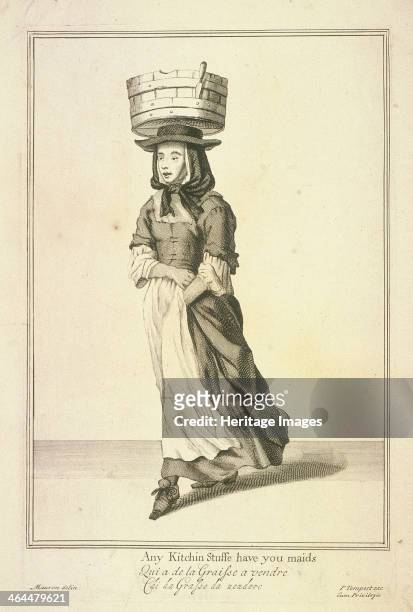 'Any Kitchin Stuffe have you maids', . A collector of kitchen fat, carrying a tub on her head. From Cries of London, .