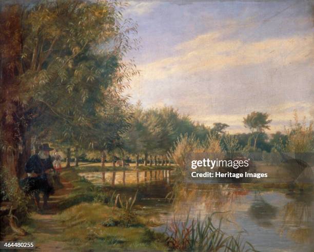 'Izaak Walton fishing', 1850. Scene also showing a woman in the background collecting fruit from a tree and cows sitting on the bank of the river.