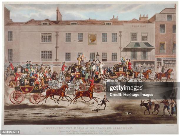 Mail coaches in front of the Peacock Inn on Islington High Street, London, 1823. In the centre foreground a small boy drops some fruit while running...