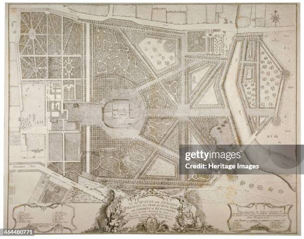 Plan of Kensington Palace and gardens, London, 1736. The gardens were laid out between 1728 and 1738 by Henry Wise and Charles Bridgeman for Queen...