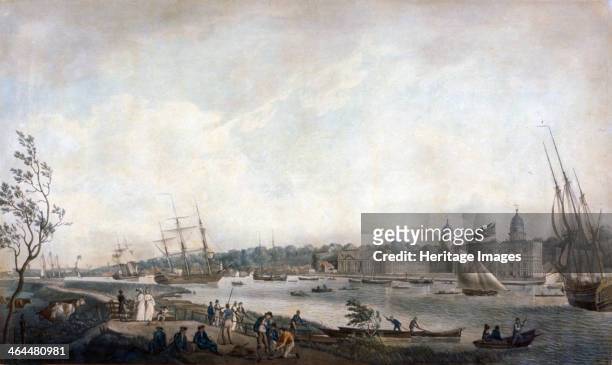 Greenwich Hospital from the Isle of Dogs, London, c1792. View with figures and cattle in the foreground and ships and boats on the River Thames.