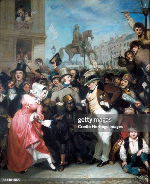 'The Crowd', 1847. Scene showing a cheering crowd looking down Pall Mall, with Wyatt's statue of George III behind them at the junction of Pall Mall...