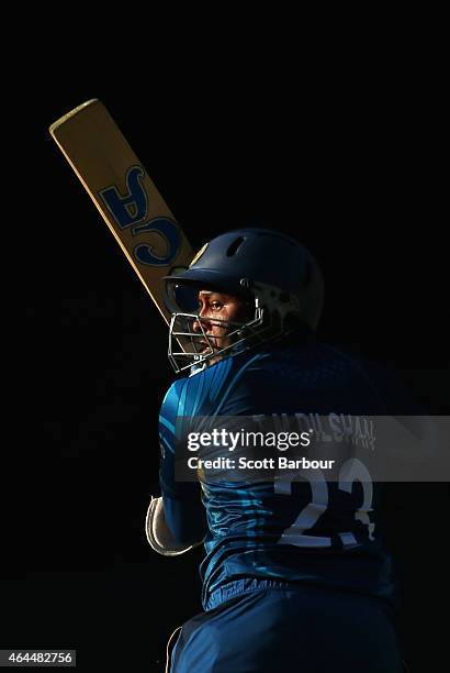 Tillakaratne Dilshan of Sri Lanka bats during the 2015 ICC Cricket World Cup match between Sri Lanka and Bangladesh at Melbourne Cricket Ground on...