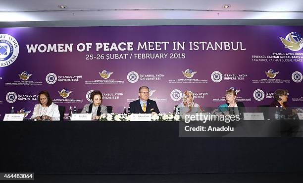 Nobel Peace Prize 1997 winner Jody Williams , Nobel Peace Prize 2011 Winner Tawakkul Karman and Nobel Peace Prize 2003 Shirin Ebadi attend the 'Peace...