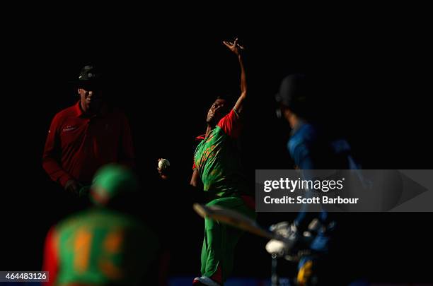 Rubel Hossain of Bangladesh bowls to Kumar Sangakkara of Sri Lanka during the 2015 ICC Cricket World Cup match between Sri Lanka and Bangladesh at...