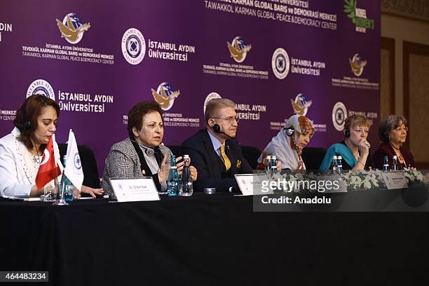 Nobel Peace Prize 1997 winner Jody Williams , Nobel Peace Prize 2011 Winner Tawakkul Karman and Nobel Peace Prize 2003 Shirin Ebadi attend the 'Peace...