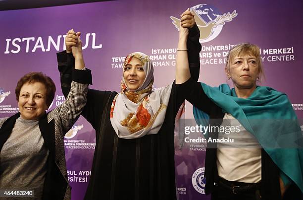 Nobel Peace Prize 1997 winner Jody Williams , Nobel Peace Prize 2011 Winner Tawakkul Karman and Nobel Peace Prize 2003 Shirin Ebadi attend the 'Peace...