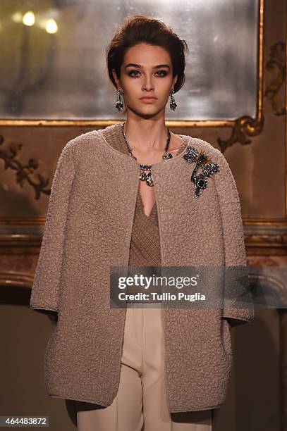 Model walks the runway at the Les Copains show during the Milan Fashion Week Autumn/Winter 2015 on February 26, 2015 in Milan, Italy.