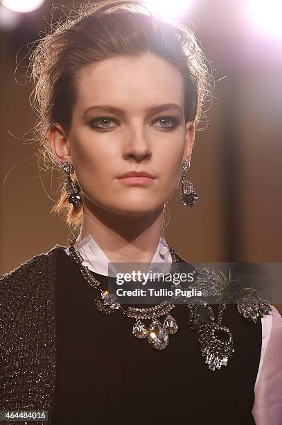 Model walks the runway at the Les Copains show during the Milan Fashion Week Autumn/Winter 2015 on February 26, 2015 in Milan, Italy.