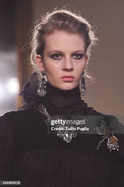 Model walks the runway at the Les Copains show during the Milan Fashion Week Autumn/Winter 2015 on February 26, 2015 in Milan, Italy.