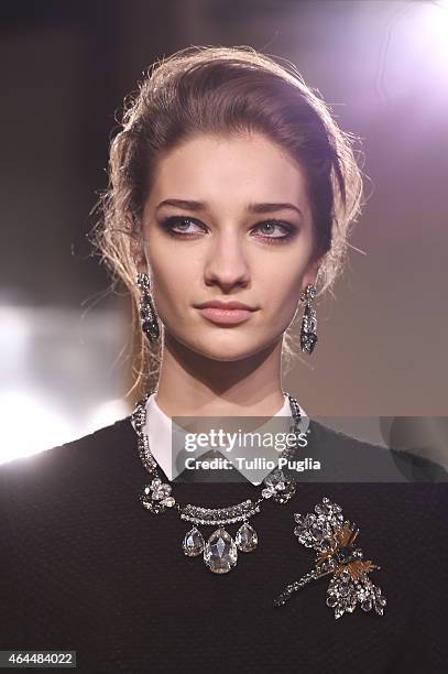 Model walks the runway at the Les Copains show during the Milan Fashion Week Autumn/Winter 2015 on February 26, 2015 in Milan, Italy.