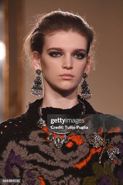 Model walks the runway at the Les Copains show during the Milan Fashion Week Autumn/Winter 2015 on February 26, 2015 in Milan, Italy.