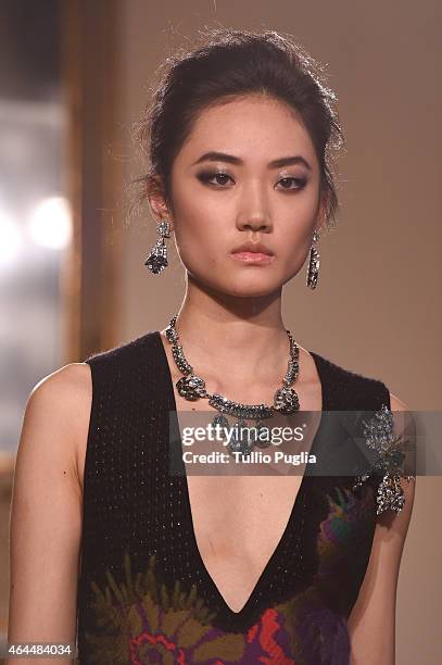 Model walks the runway at the Les Copains show during the Milan Fashion Week Autumn/Winter 2015 on February 26, 2015 in Milan, Italy.