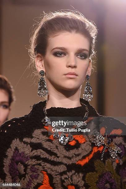 Model walks the runway at the Les Copains show during the Milan Fashion Week Autumn/Winter 2015 on February 26, 2015 in Milan, Italy.