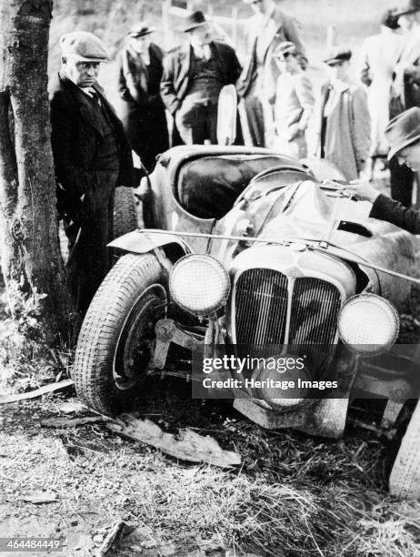 Crash of the Le Mans 24 Hours winner at Spa, Belgium,1938. The wreckage of the Delahaye T135 Competition after an accident at Spa-Francorchamps.