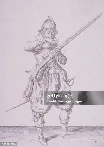 Figure in military clothing holding a musket and wearing a sword, 1607. One of four images.