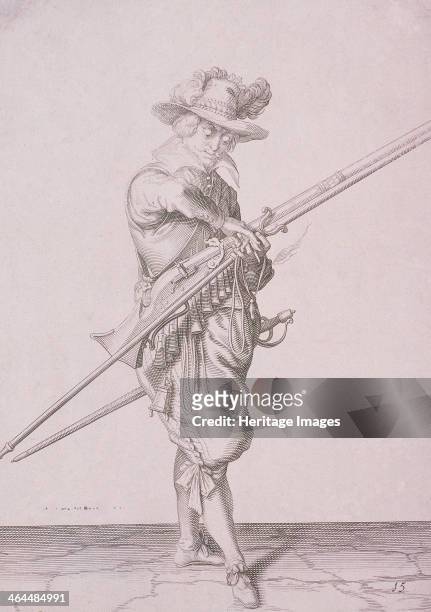 Figure in military clothing holding a musket and wearing a sword, 1607. One of four images.