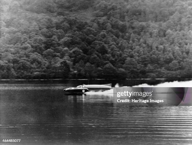 Bluebird on Coniston Water, Cumbria, November 1958. Donald Campbell set a new world water speed record of 248.62mph on the 10th November 1958.