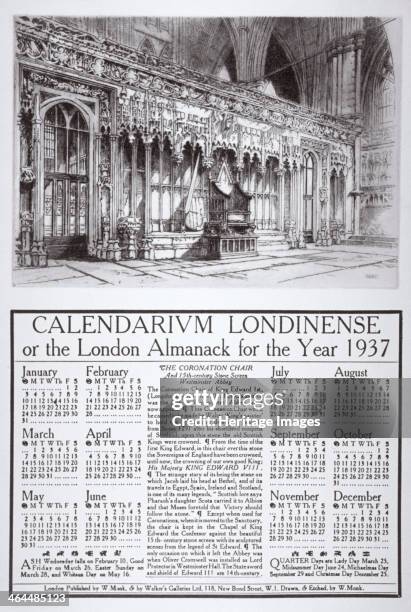 Westminster Abbey interior, London, 1936. Calendarium Londinense, or the London Almanack for 1937, surmounted by a view of the Coronation Chair and...