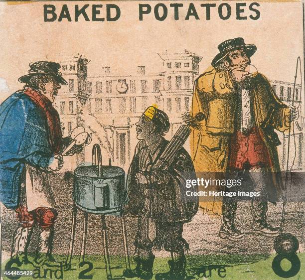 'Baked Potatoes' A baked potato seller talking to a chimney-sweep, with a man behind eating a potato. From Cries of London, c1840.