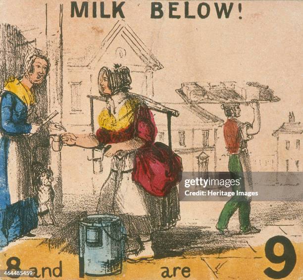 'Milk Below!' A milk seller passes a jug of milk to a lady standing in a doorway, with a yoke balanced across her shoulders and a pail of milk by her...