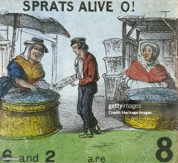 'Sprats Alive O!' A boy buys from two sprat sellers who display their produce in two large baskets placed on the floor. From Cries of London, c1840.