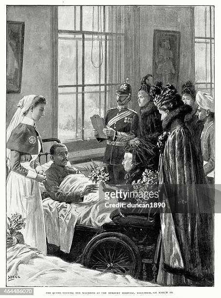 queen victoria visiting wounded soilders - hospital ward stock illustrations