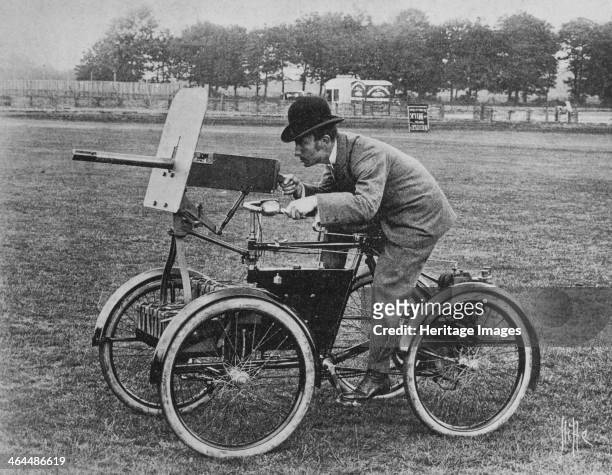 Simms 'Motor Scout' armoured quadricycle, c1899. This vehicle carried a Maxim gun, 1000 rounds of ammunition, an iron shield for the driver's...
