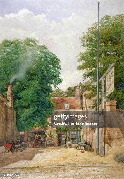 Fox and Crown Public House, Highgate, London, 1892. View with figures seated drinking outside the pub.