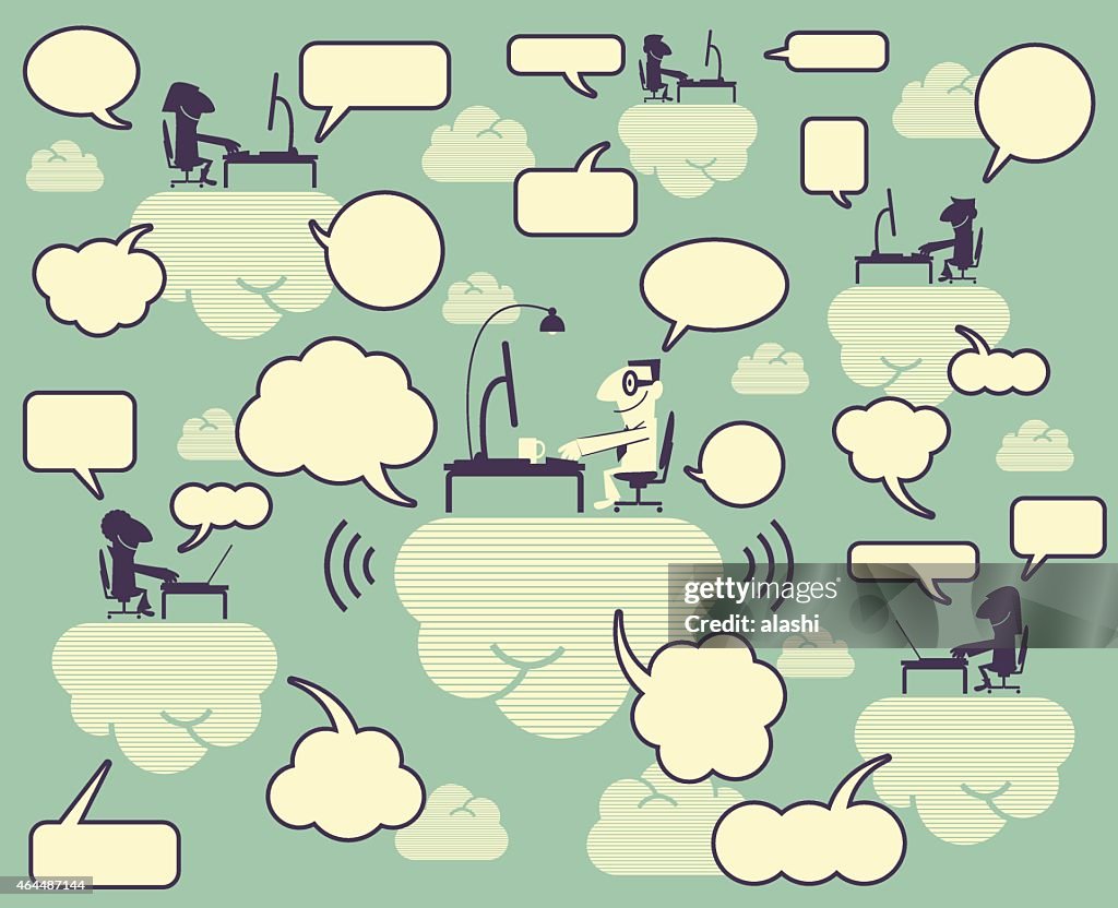 Community Cloud, group of smiling people using computer on clouds