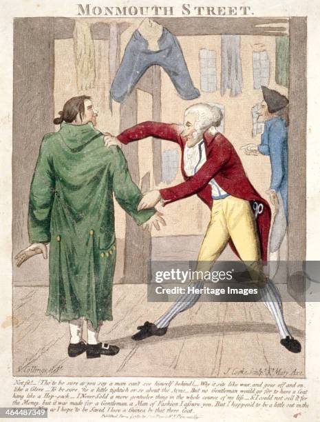 'Monmouth Street. Not fit! ...', London, 1789. A tailor is fitting a man with an overcoat. Other items of clothing are hanging in the shop.