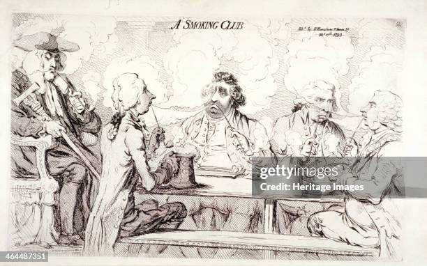 Smoking club', House of Commons, London, 1793. Depicting the House of Commons burlesqued as a smoking club whose quarrelsome members - Fox, Dundas,...