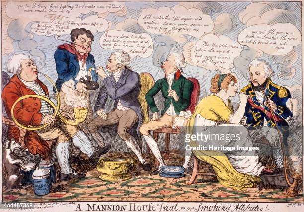 Mansion House treat - or smoking attitudes', London, 1800. On the right Lord Nelson, smoking a long pipe, phallic in design. He and Lady Hamilton are...