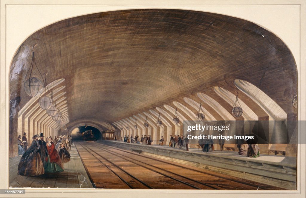 Interior of Baker Street Station showing platforms and an approaching train, London, c1865. Artist: Kell Brothers