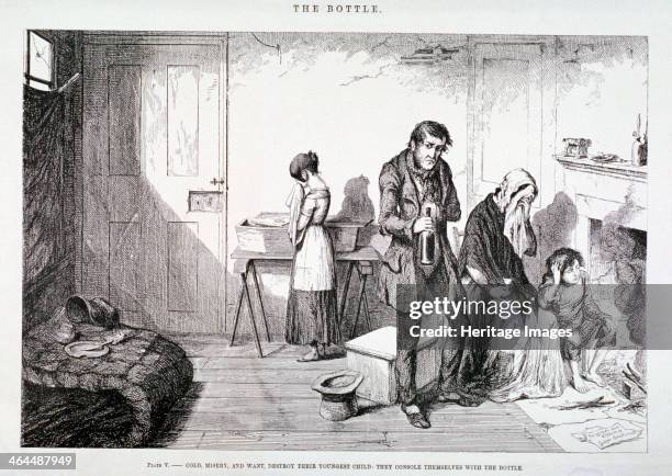 'The Bottle', 1847; showing an interior domestic scene with the family grieving over the death of their youngest child. The child's death has been...