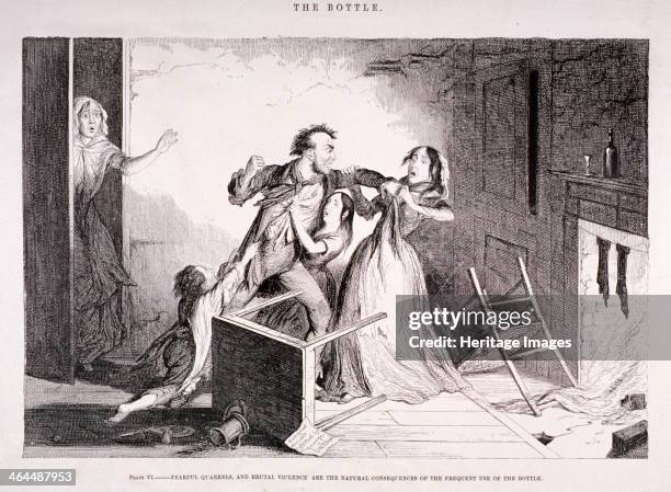 'The Bottle', 1847; showing an interior domestic scene with the husband and wife fighting due to the effects of excessive drinking. The children are...