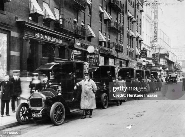 Darracq taxis, New York, c1910. Taxi drivers queue in a busy road in New York City.