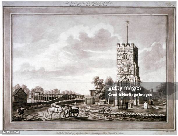 Church of St Mary, Putney, Wandsworth, London, 1783. View of the church and the timber bridge over the River Thames, which was replaced by a stone...