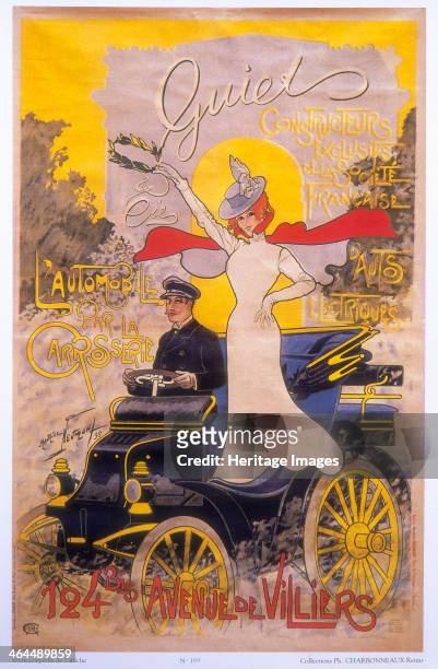 Poster advertising car coachwork, 1899. A smiling woman waves a laurel wreath from a car driven by a man with a monocle.