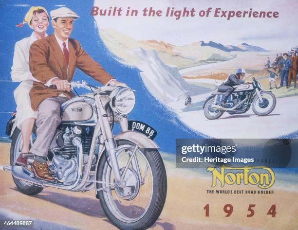Poster advertising Norton motor bikes, from a catalogue, 1954. A couple out for a ride on a Norton, with a race and spectators in the background.