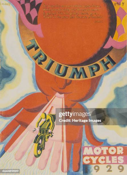 Poster advertising Triumph motor bikes, from a brochure, 1929. A stylised face blows a zephyr over a motorcyclist who is supported on giant hands....