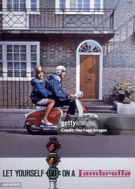 Poster advertising Lambretta scooters, from a catalogue, 1963. A couple on a motor scooter; the smiling woman wears stiletto shoes. The byline reads...